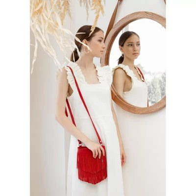 Кожаная женская сумка с бахромой мини-кроссбоди Fleco красная 30001728 фото